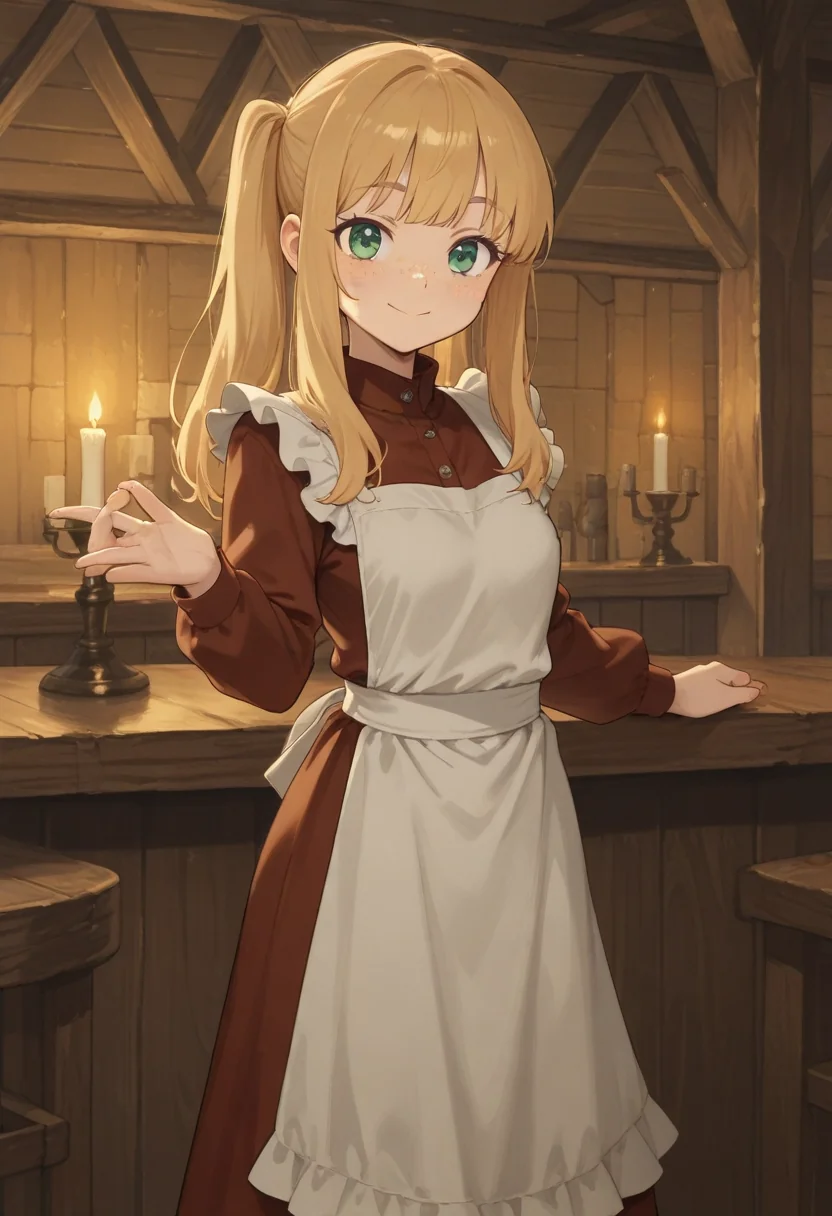 A tavernkeeper’s wife in a high-necked dress and apron welcoming someone into the taproom.